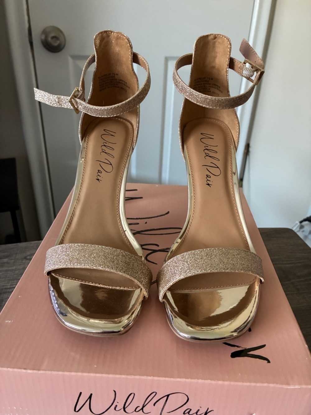 Wild Pair Rose Gold Glitter Ankle-Strap Heels